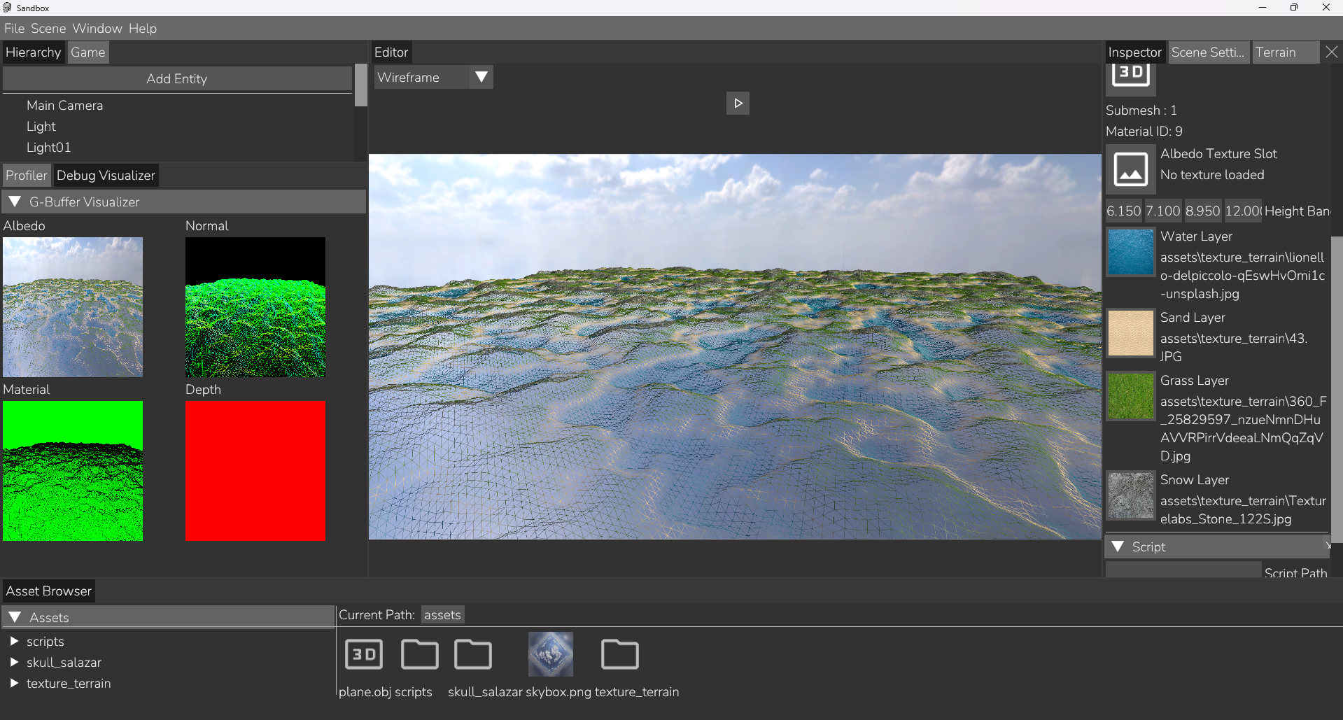 Editor in wireframe mode with the G-buffer visualiser showing albedo, normal, material and depth targets