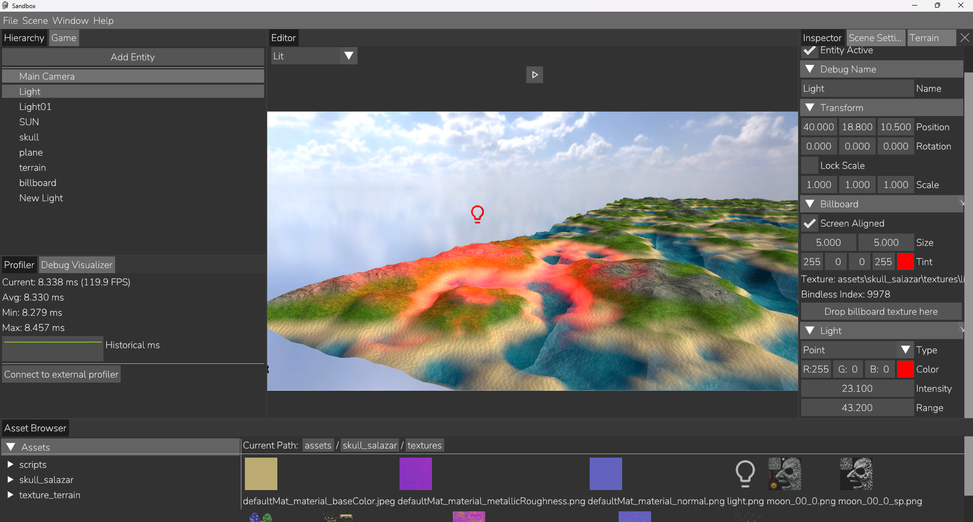 Lit terrain scene with a red point light, inspector showing billboard and light components, and the frame profiler