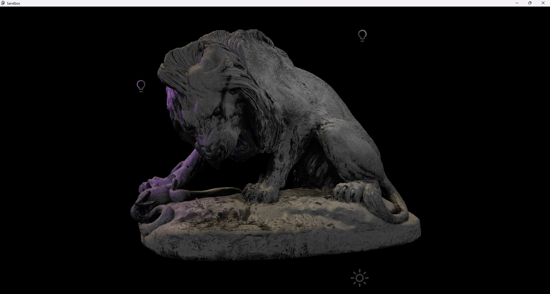 A high-detail scanned stone lion statue lit by two point lights in the Sandbox demo, one of them tinted violet