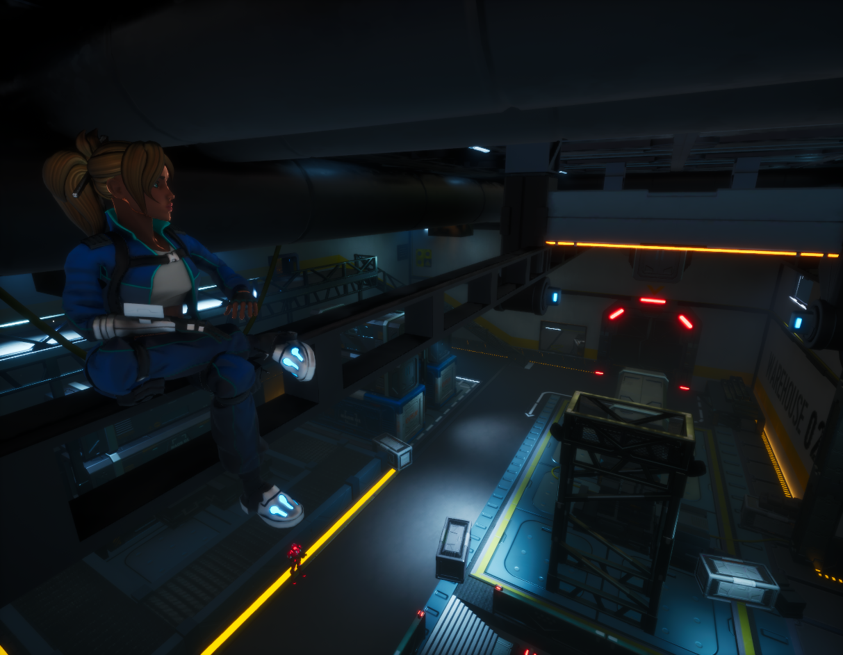 The player character sitting on a beam above an industrial bay