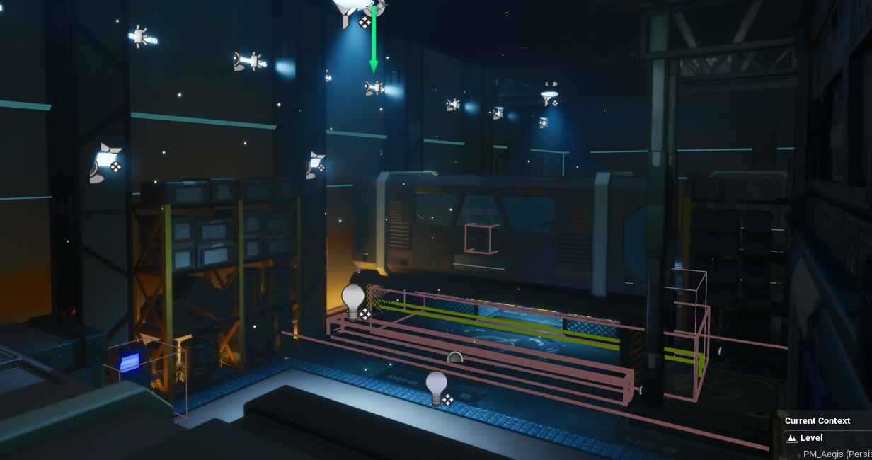 The level open in the Unreal Engine editor, showing light gizmos and volume wireframes over the scene