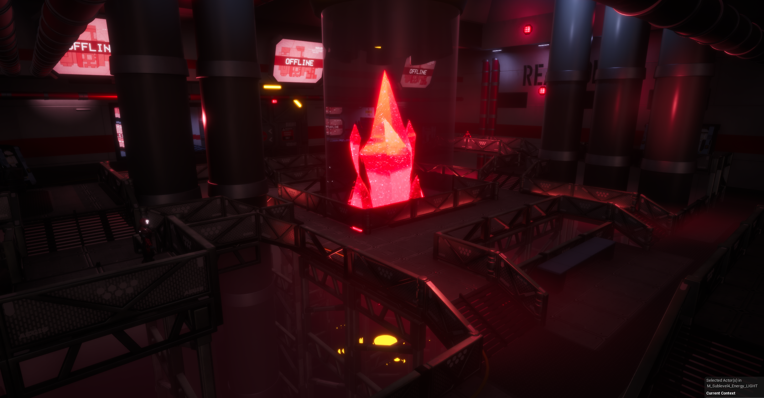 A glowing red crystal inside a containment cylinder, surrounded by catwalks and OFFLINE terminals
