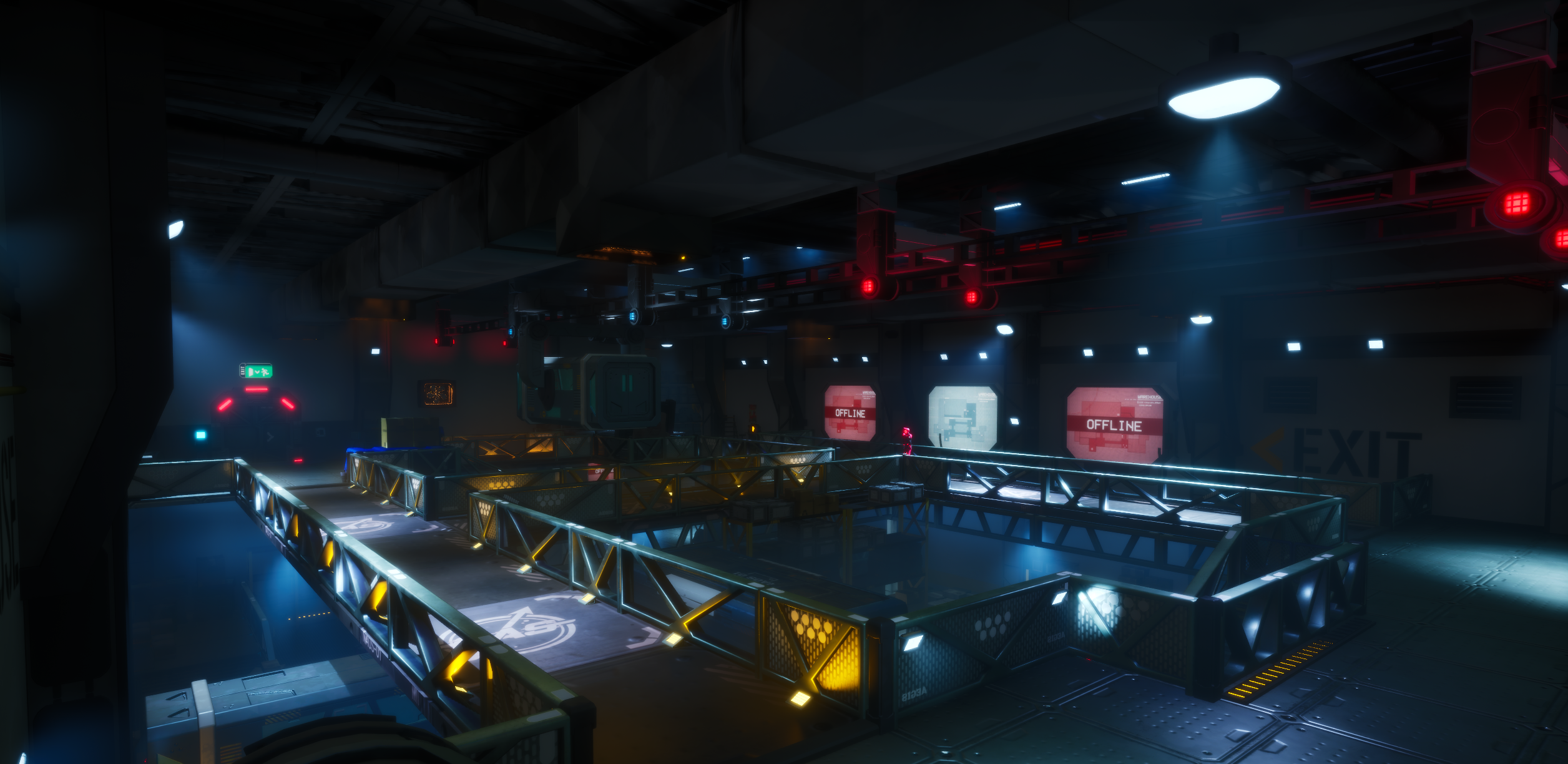 A large industrial bay with lit walkways, terminals and an exit sign