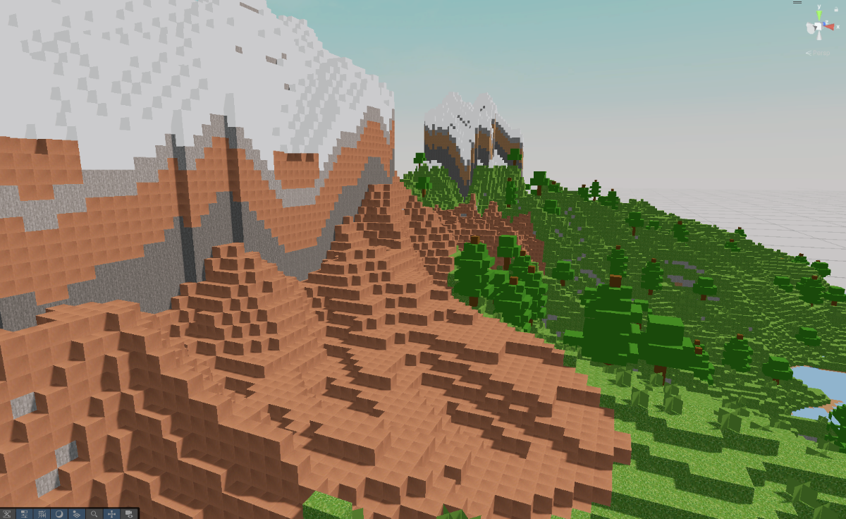 A snow-capped orange rock biome meeting a green forested biome, with the terrain flowing continuously across the boundary