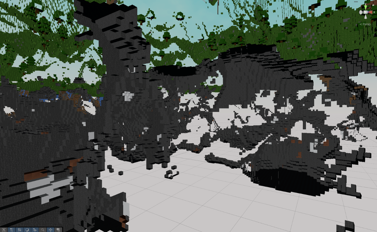 A carved cave system seen in cross-section, with chambers and tunnels running beneath the forested surface