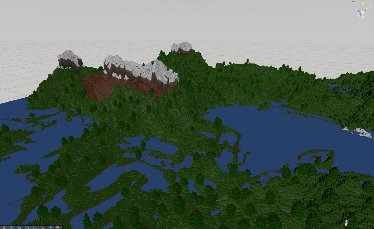 Voxel terrain running from a forested coastline, across water, up to a snow-capped rocky ridge